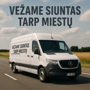 Vežame siuntas tarp miestų - Baltas Mercedes Benz Sprinter kelyje Lietuvoje
